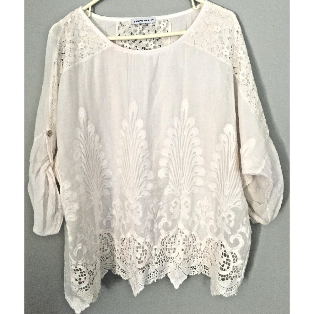 Tempo Paris Blouse Womens‎ Small White Lace Scalloped Hem Boho Made in Italy